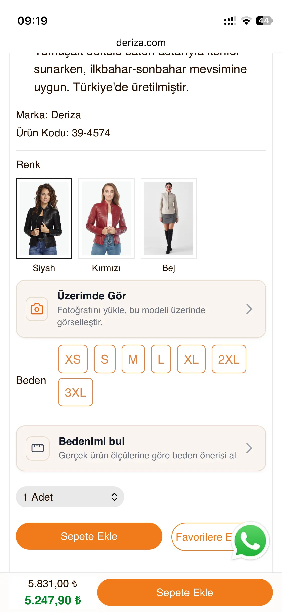 Deriza ürün sayfasında Üzerimde Gör ve Bedenimi bul özellikleri