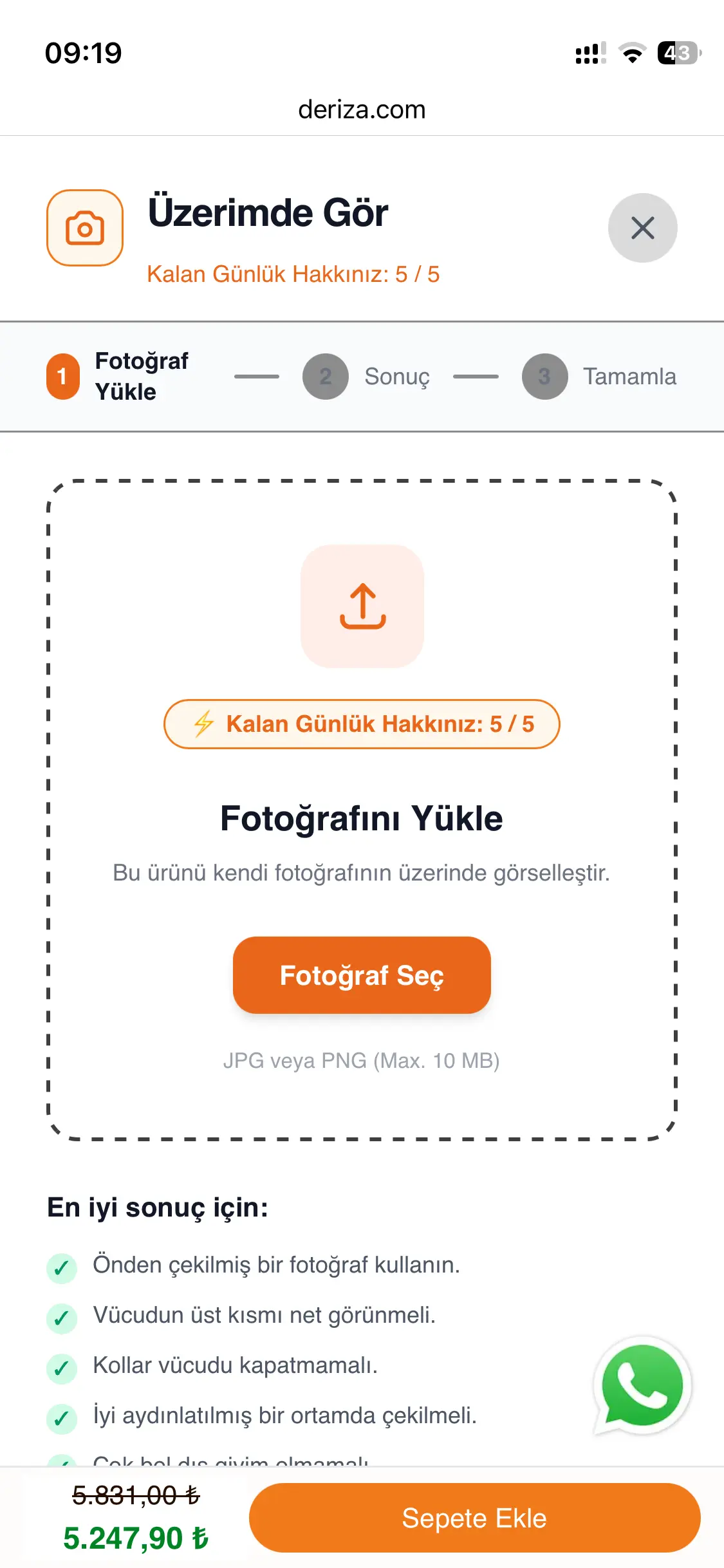Deriza Üzerimde Gör fotoğraf yükleme ekranı