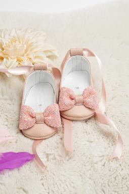 Kız Bebek Taşlı Babet Hakiki Deri Pudra