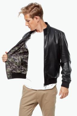 Çift Taraflı Kamuflaj Siyah Erkek Deri Mont