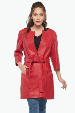 Sara Kırmızı Kadın Deri Trençkot
