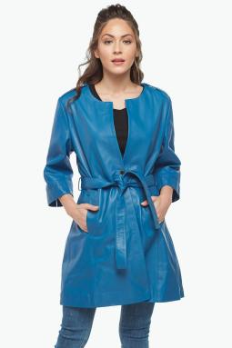 Sara Mavi Kadın Deri Trençkot