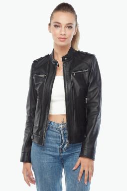 Sofia Hakiki Deri Kadın Mont Siyah