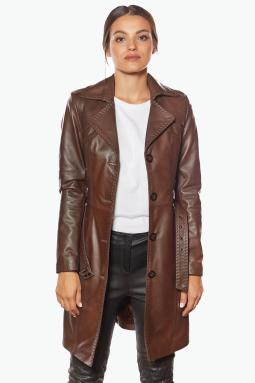 Jammi Kahverengi Hakiki Deri Kadın Trençkot