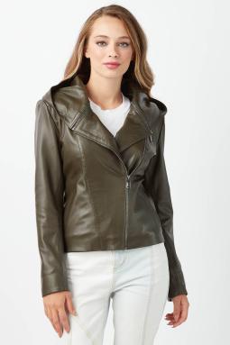 Portatif Yaka Hakiki Deri Kadın Mont Yeşil