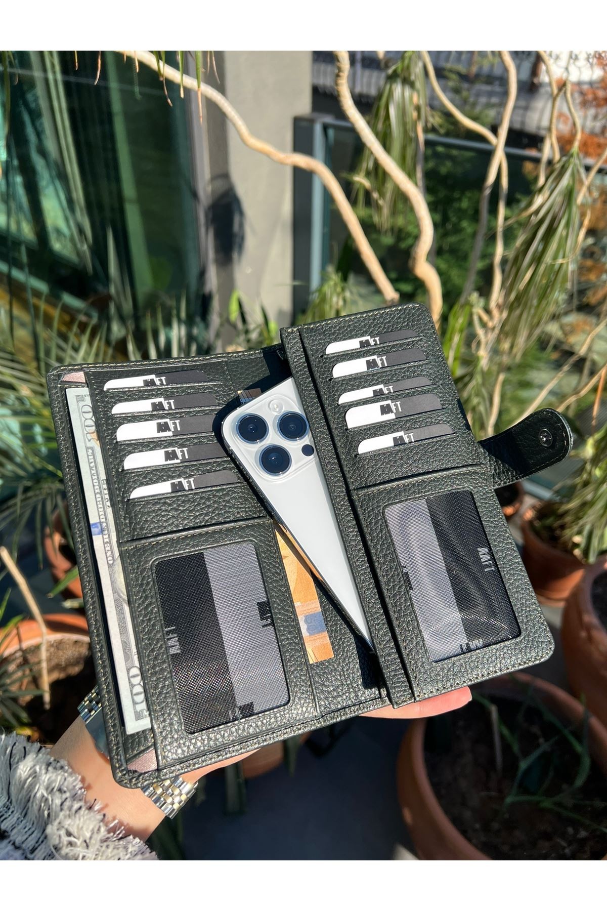 Twist 2323 Hakiki Deri Telefon Bölmeli Unisex Cüzdan Haki