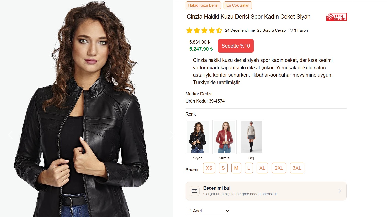 Deriza ürün sayfasında Bedenimi Bul özelliği ve gerçek ürün ölçülerine göre beden önerisi