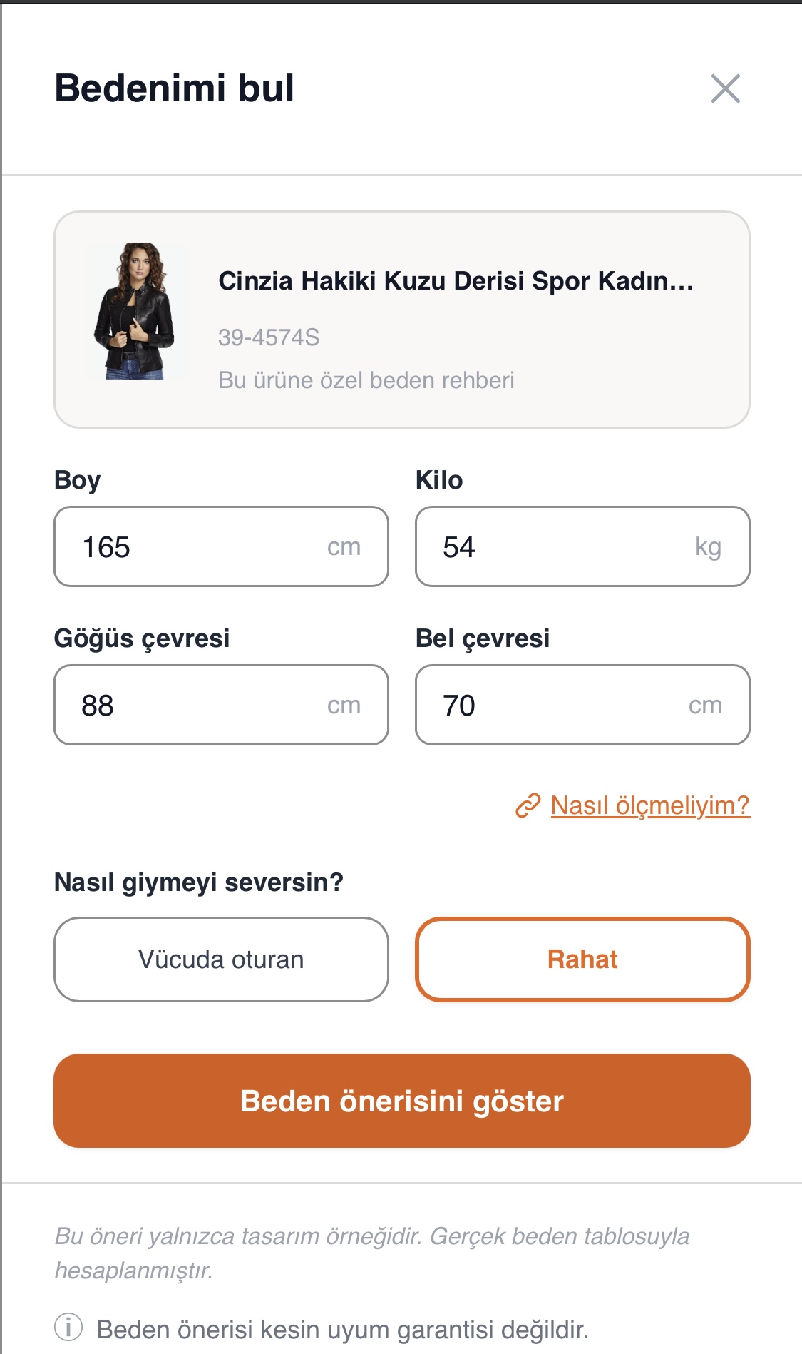Bedenimi Bul boy kilo göğüs bel ölçüsü ve rahat vücuda oturan seçim ekranı