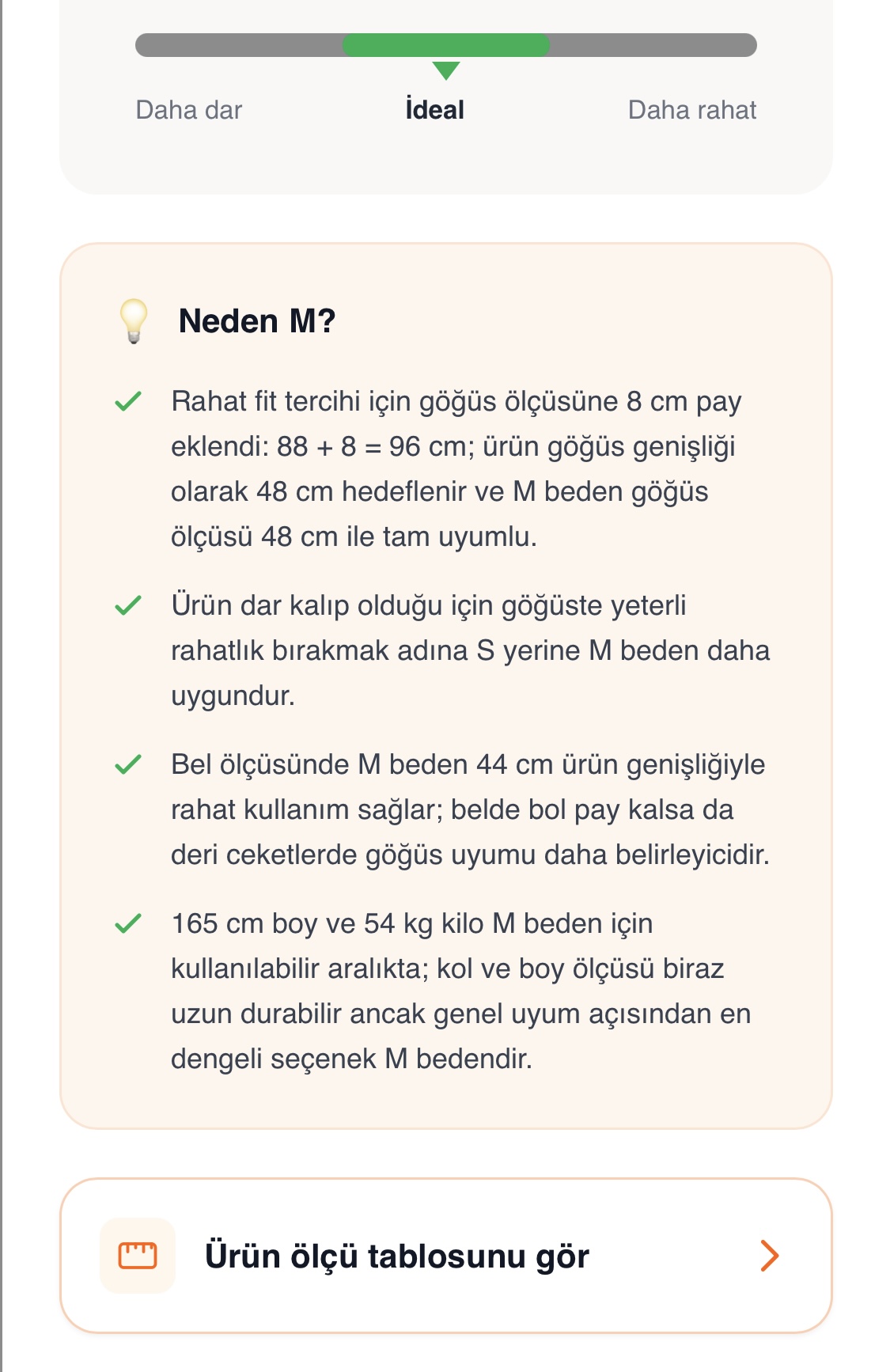 Deriza Bedenimi Bul neden M beden önerildi açıklama ekranı